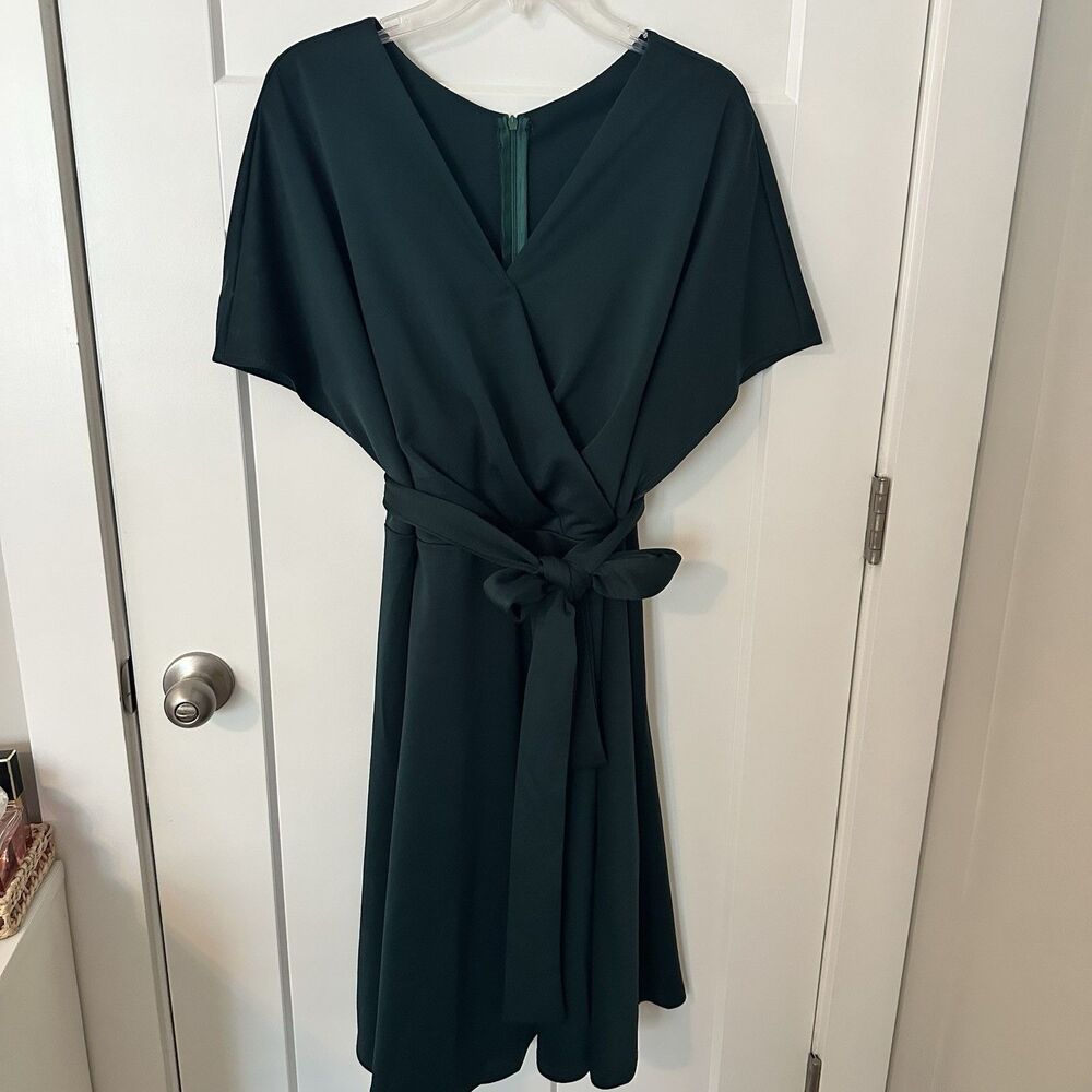 2XL Teal Faux Wrap Style Knee Length Dress with Belt